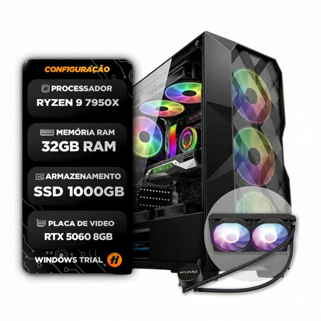 PC GAMER RYZEN 9 7950X, 32GB DDR5, RTX 5060 8GB, SSD 1TB, 700W