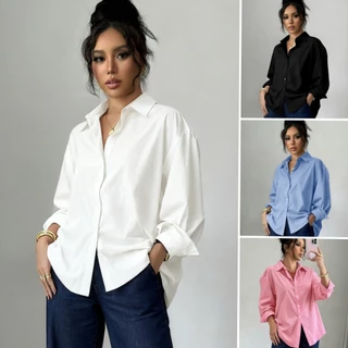 Camisa Preta Casual de Manga Longa Monofilada e Sólida para o Dia Botões das Mulheres
