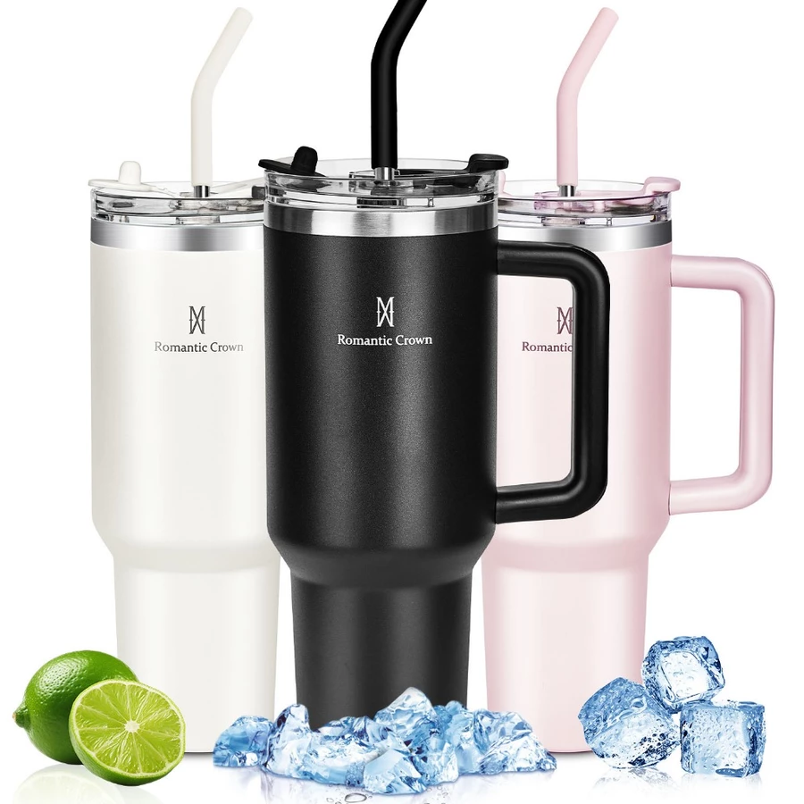 ROMANTIC CROWN Copo Térmico Inox Portátil 1200ml/600ml/1.2L Garrafa Térmica Inoxidável com Tampa e Canudo