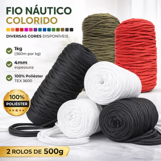 FIO Náutico 4mm 1kg coloridos, 360m de Cordão para Crochê e Tricô - 100% poliéster em Oferta na Shopee