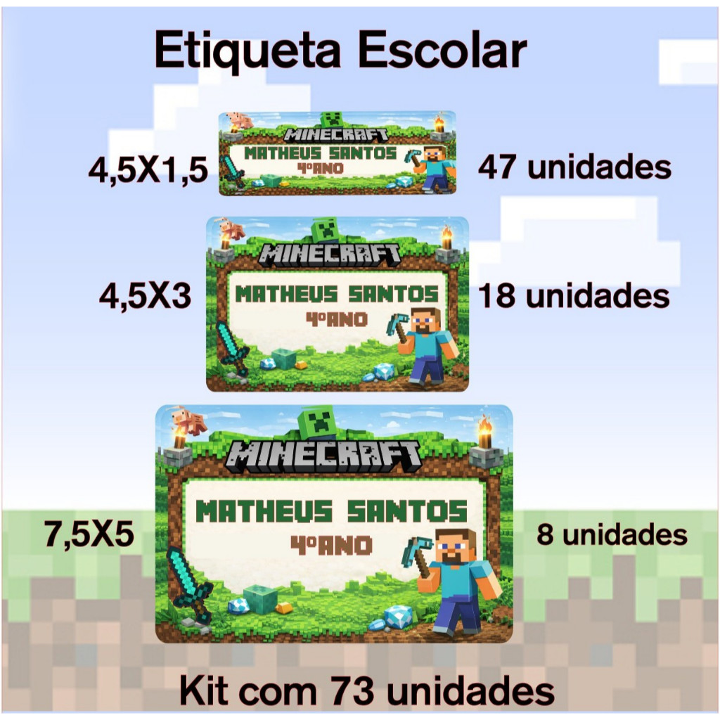 Kit 73 Etiquetas Escolares Adesivas para Material Escolar - MINECRAFT ...