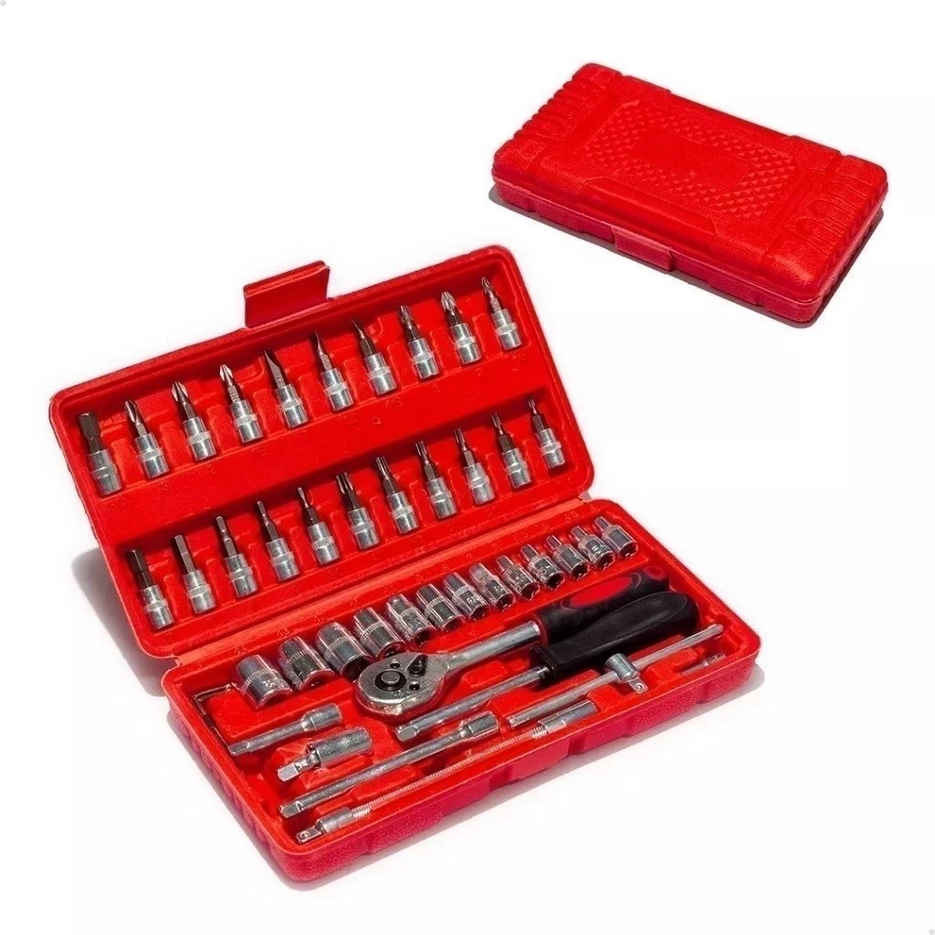 Kit Ferramentas 46 Peças Jogo Soquetes Chave Catraca Reversível Com Maleta