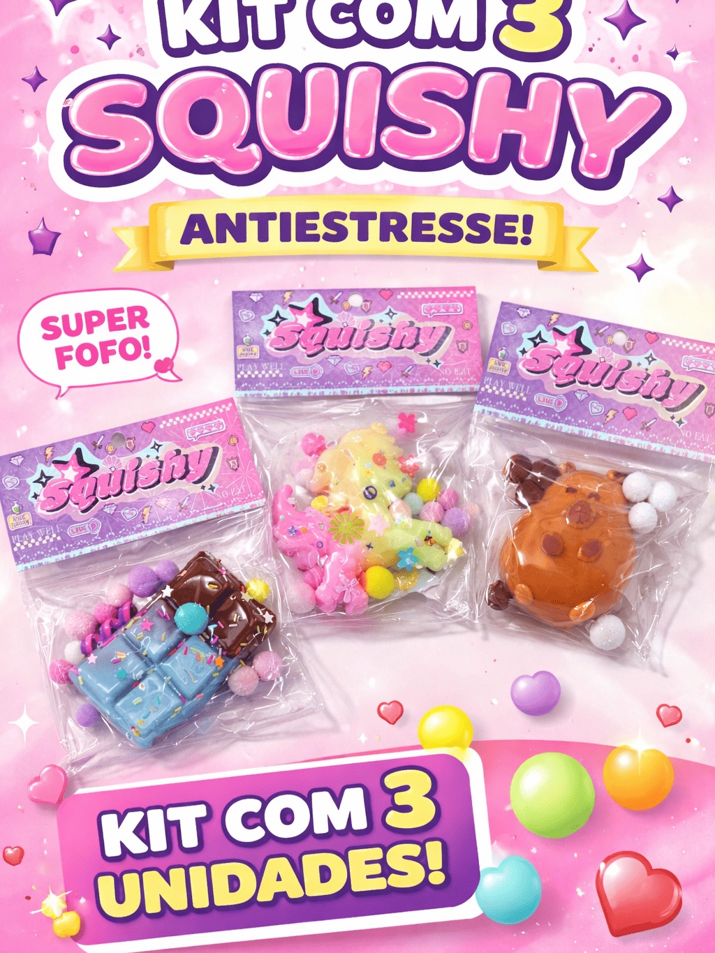 Kit Squishy 3 Unidades – Brinquedo Antiestresse Fofinho | Shopee Brasil