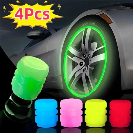 4 peças Tampa de válvula de pneu fluorescente Carro Moto Bicicleta carro roda Hub decorativa pneu aro Stem cobre de bico