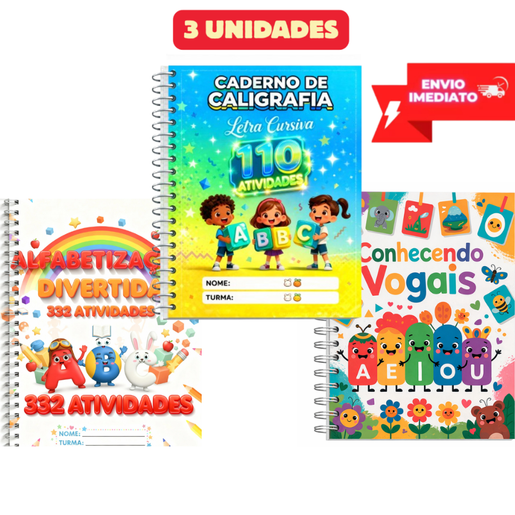 Kit 3 caderno caligrafia infantil + português + vogais apostila de ...