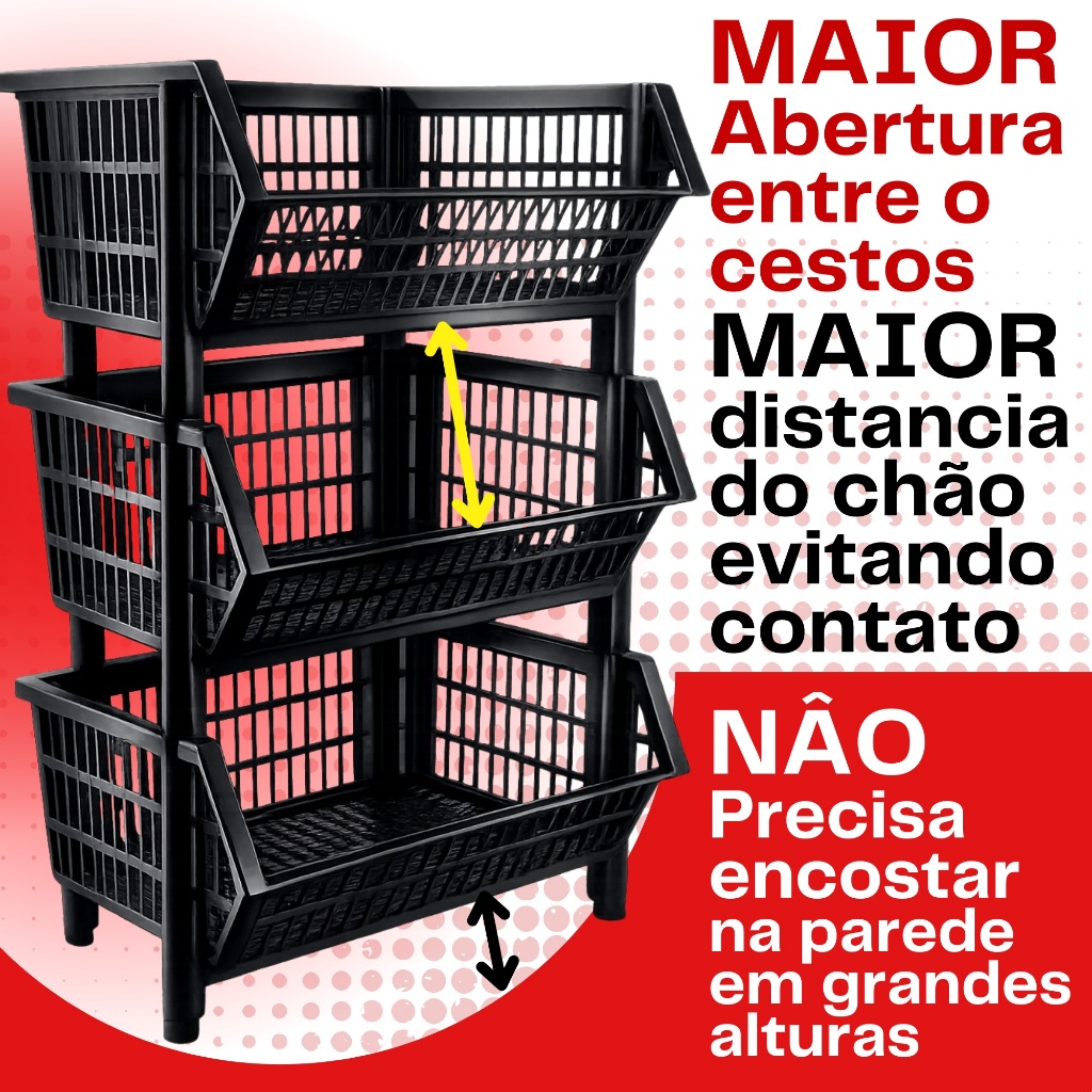 Kit 10 peças Cesto Empilhavel Expositor Organizador Preto Re
