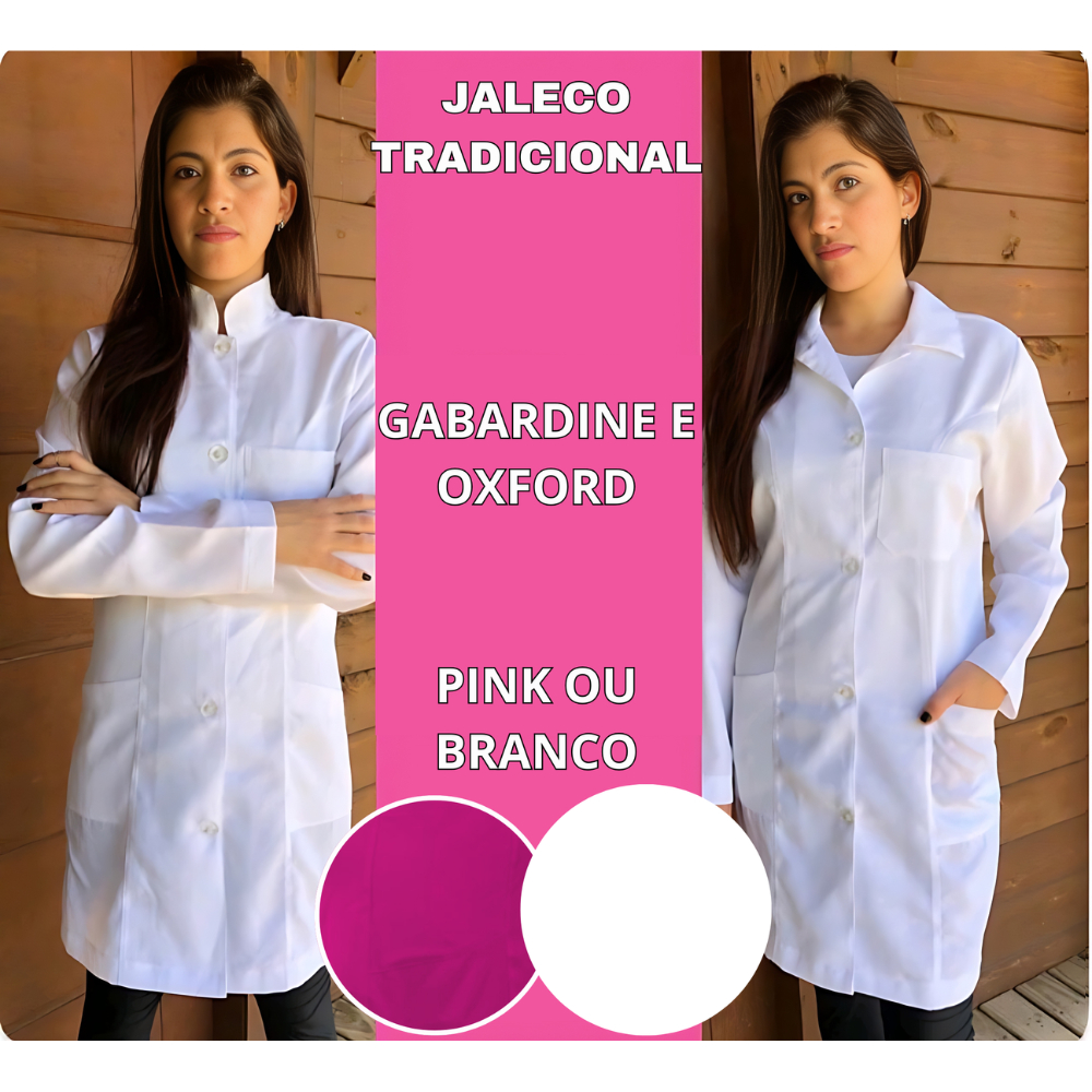 Jaleco Tradicional Feminino Branco/ ou Pink - Oxford e Gabardine - Gola ...