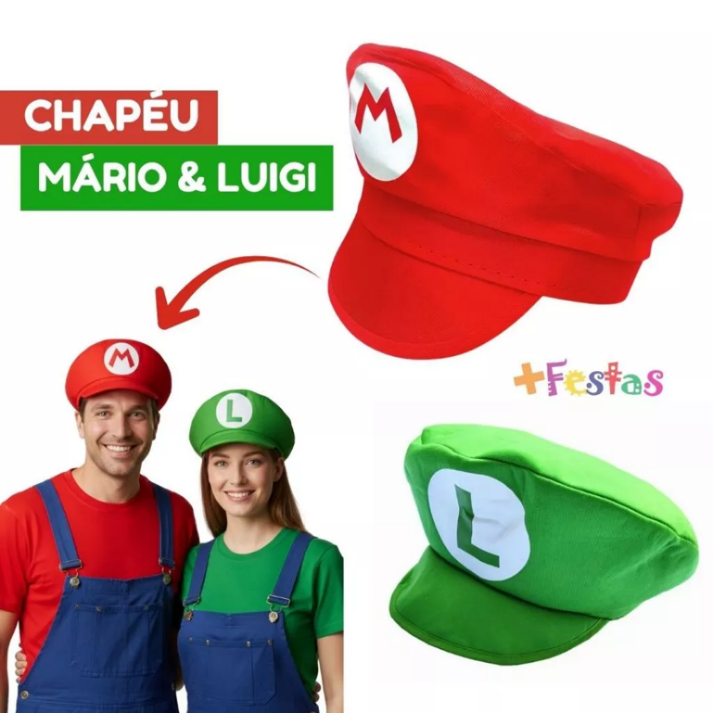 Chapéu Mario e Luigi Fantasia Carnaval Adulto e Infantil Irmãos Bros ...
