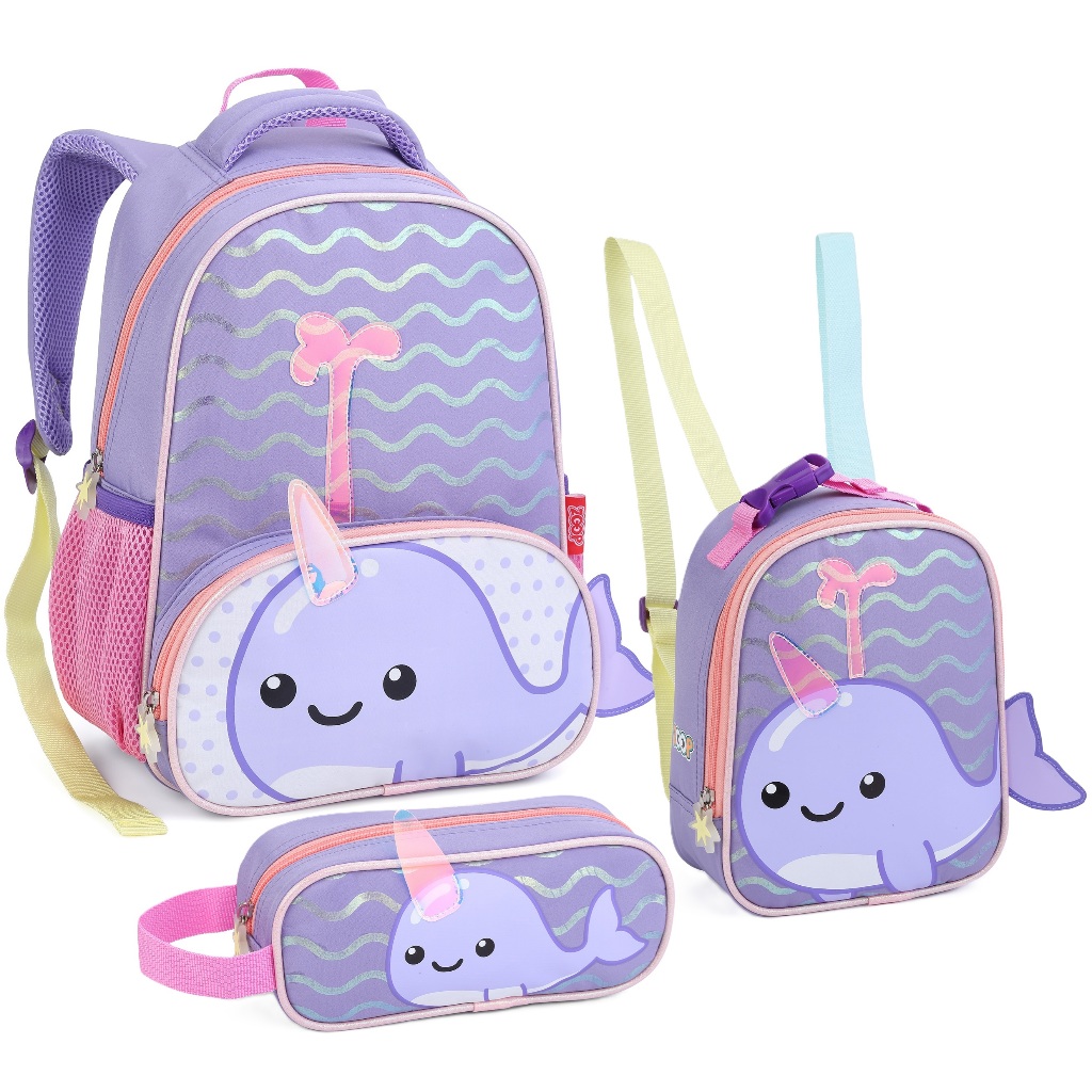 Kit Mochila Bolsa Escolar Infantil Creche Sereia Tubarão Baleia ...