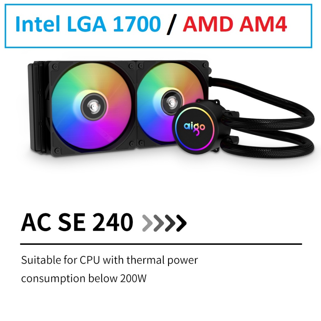 Water Cooler Aigo AC SE 240 Preto LED RGB 240mm - Intel/AMD (LGA 1700 / AM4) - 2 Fans - Pronta Entrega
