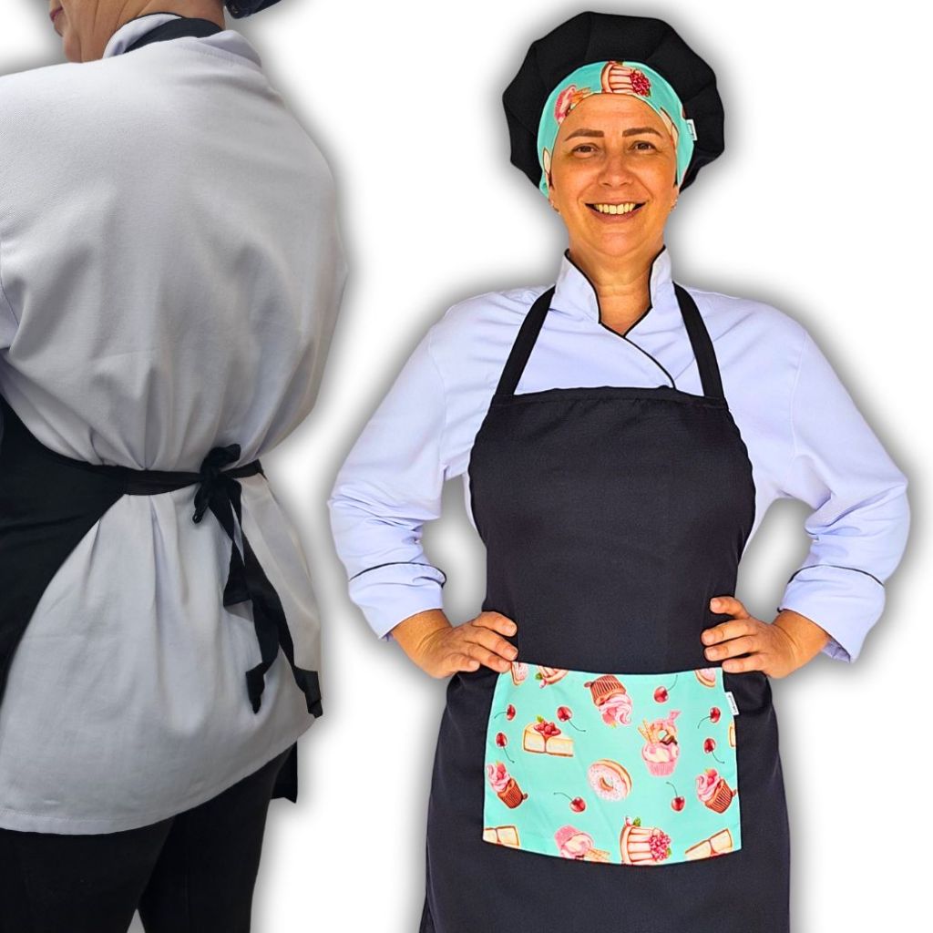 Kit avental e touca gorro de confeitaria chapéu de chef Bolo