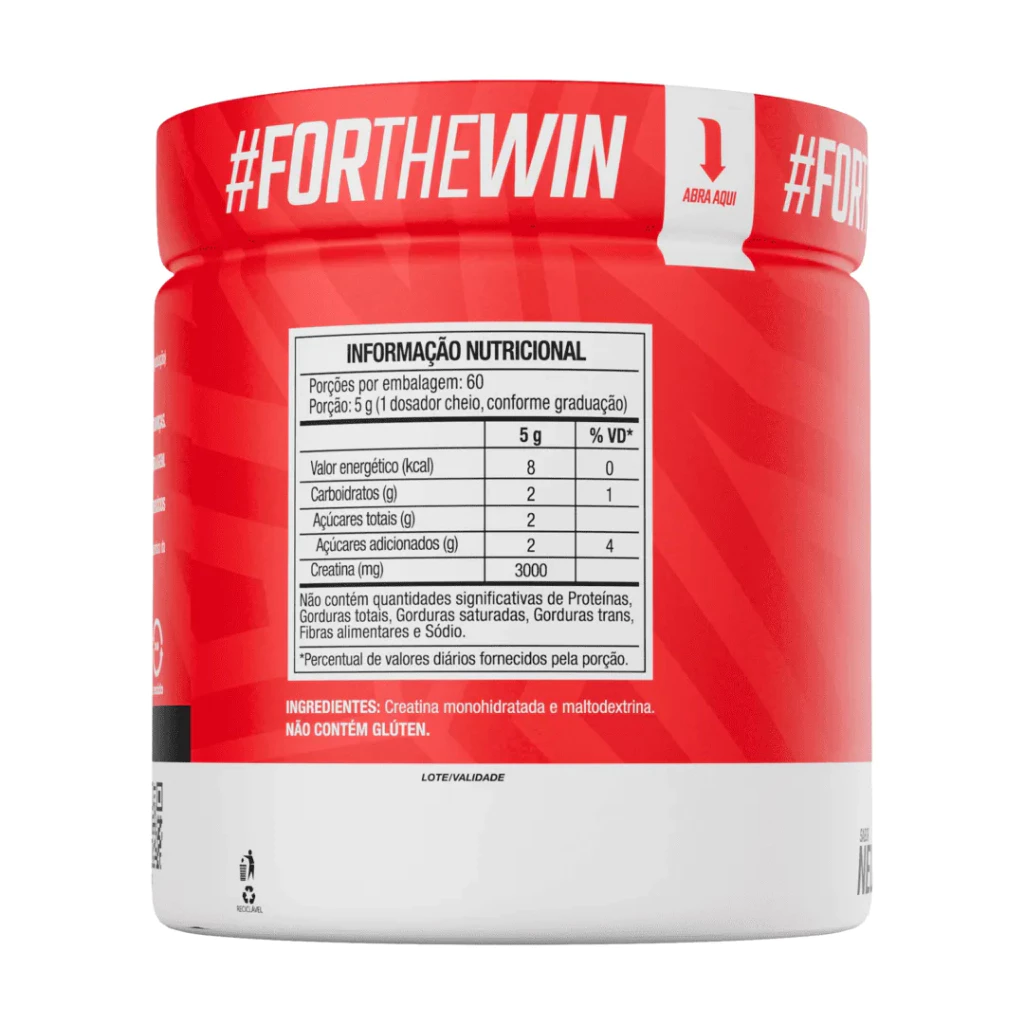 Lateral do pote de Creatina Ultra FTW sabor Neutro, mostrando a tabela de informações nutricionais e ingredientes.