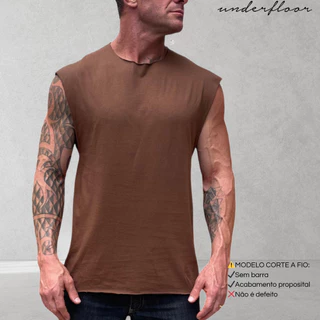 REGATA MACHÃO LISA MASCULINA ACABAMENTO SEM BAINHA CORTE A FIO MALHA ALGODÃO CAMISETA CASUAL TREINO