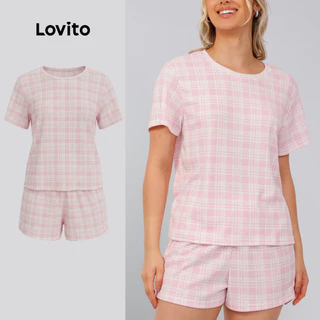 Lovito Conjunto Pijama Feminino Camiseta Manga Curta e Shorts Estampa Xadrez PJB1006BRL1036 em Oferta na Shopee