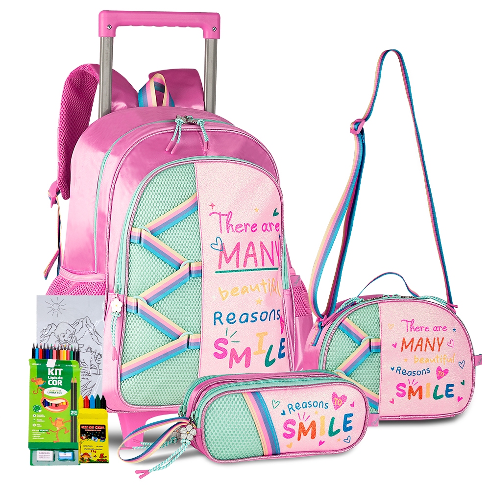 Kit Mochila Rodinhas Estojo e Lancheira Térmica Volta As Aulas Linha Florida 2025 Clio Style Meninas