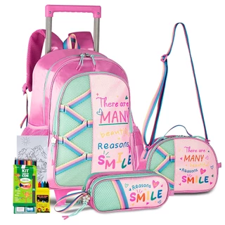 Kit Mochila Rodinhas Estojo e Lancheira Térmica Volta As Aulas Linha Florida 2025 Clio Style Meninas