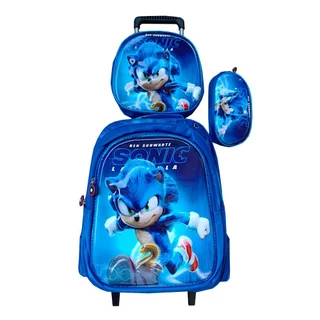 Kit Mochila Sonic 3D com Rodinhas em Alto Relevo + Lancheira Térmico + Estojo Escolar Infantil