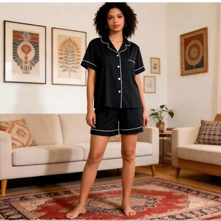 Pijama Feminino Curto Verão Confortável | Conjunto Short e Camisa Botão | Roupa de Dormir Casual para Casa em Oferta na Shopee
