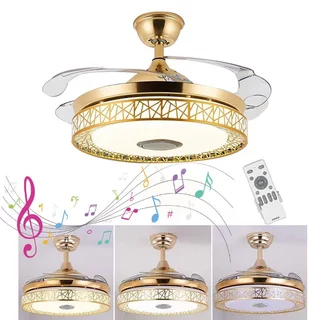 Lustre Ventilador de Teto Retrátil LED 4 Pás Controle Remoto Com Música e caixa de Som - Bivolt em Oferta na Shopee