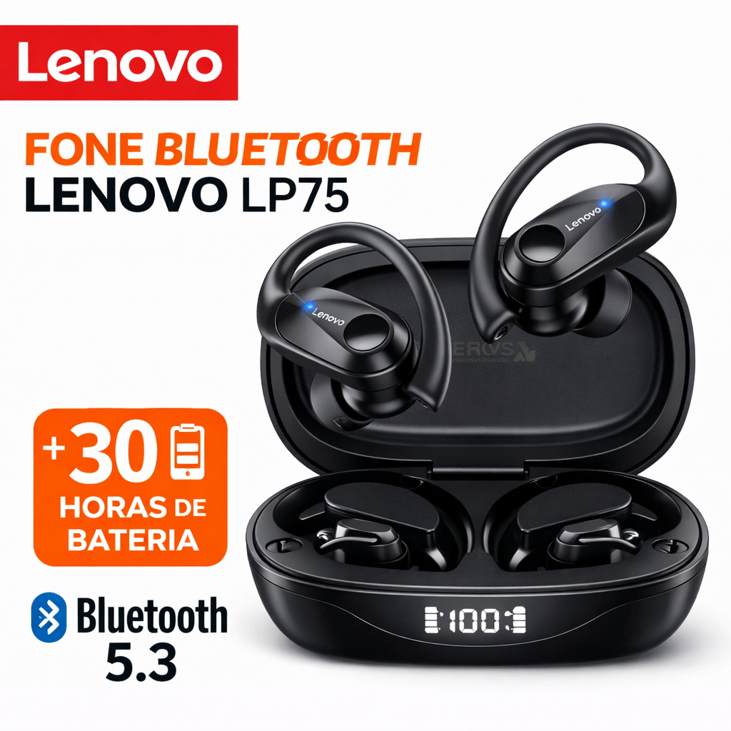 Fone Bluetooth Lenovo LP75 Esportivo HD com Microfone, Redução de Ruído ...