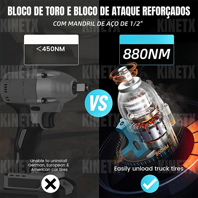 Chave de Impacto Sem Escova 3in1 68VF 300Nm 2 Baterias 17/19/21mm