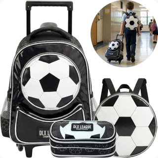 Kit Escolar Mochila De Rodinhas Estojo E Lancheira Térmica Masculina Infantil Esporte Jogo Futebol Bola 3d Denlex
