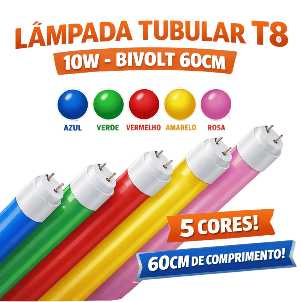 Lâmpada Tubular LED T8 10w 60cm Colorida Bivolt Iluminação Decorativa para Teto, Quarto e Festa
