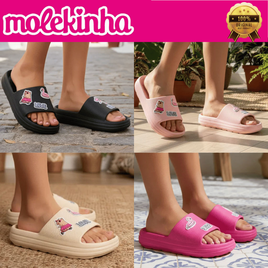 Chinelo Molekinha Meninas Nuvem Bottons Pins Capivara Confortável EVA ...