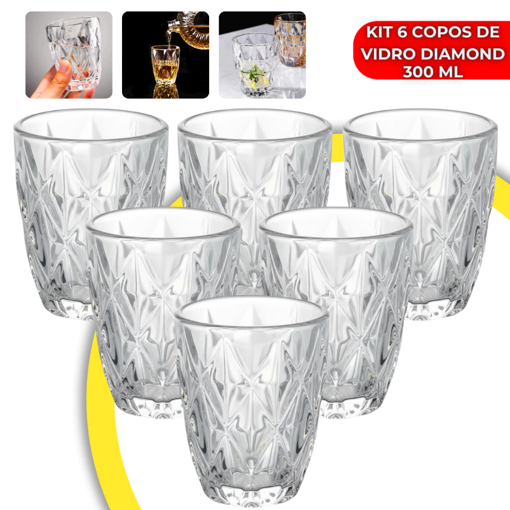 Kit com 6 copos Diamond de vidro transparente com detalhes lapidados dispostos em duas fileiras.