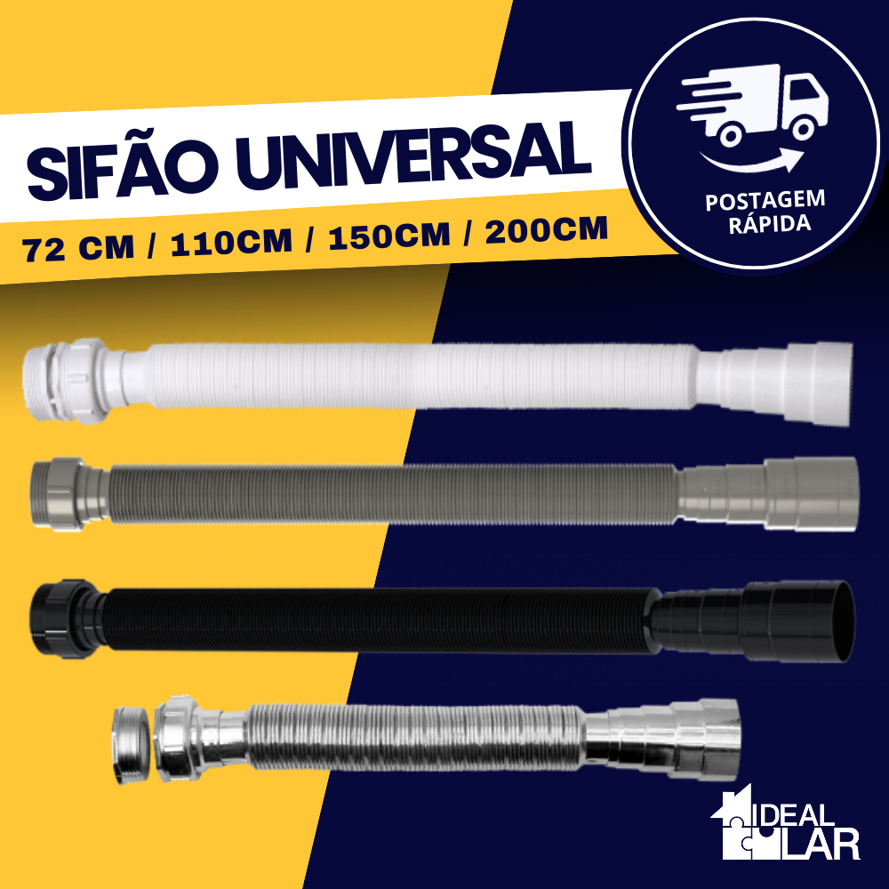 Sifão Flexível Sanfonado Universal 72 / 110 / 150 / 200 cm - Branco - Preto - Cromado - Cinza Durín