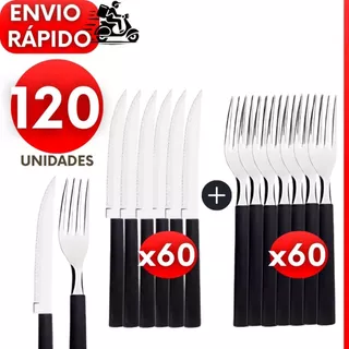 Kit 120, 60 ou 30 Talheres Garfos Facas de Inox Cabo Preto para Churrasco Jantar Bares e Restaurante