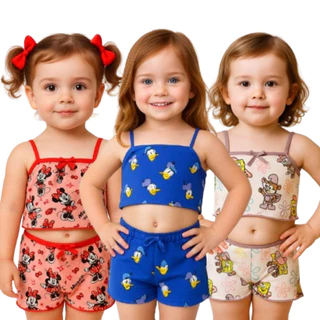 Kit 3 Pijamas Infantis de Alcinha Confortável Para Meninas De Microfibra Com Personagens