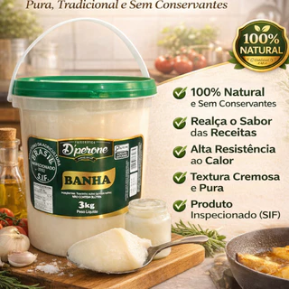 Banha Suína 3kg 100% Natural do Torresmo Gordura Suína Toucinho Pura Artesanal Balde - Dperone
