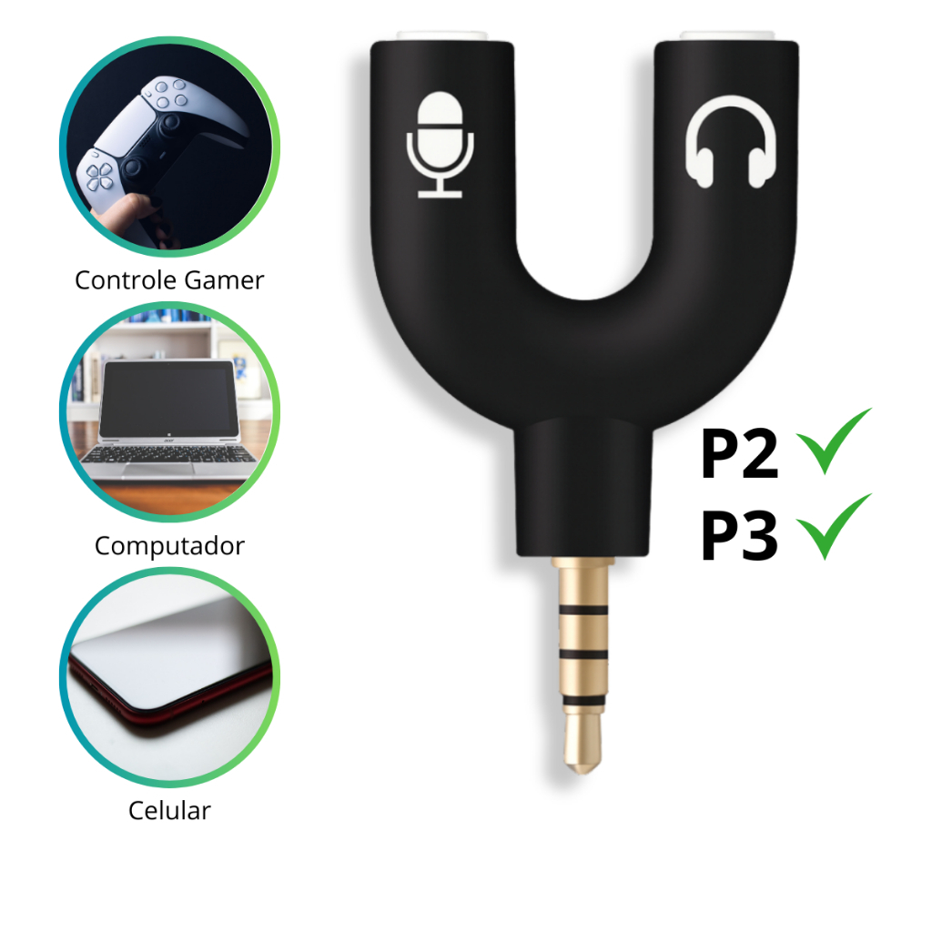 Adaptador Splitter Headset Fone Microfone P2 X P3 Áudio