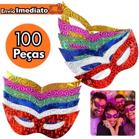 Kit 100 Máscaras Sortidas de Carnaval Bloquinho De Rua Festa Balada Holográfica