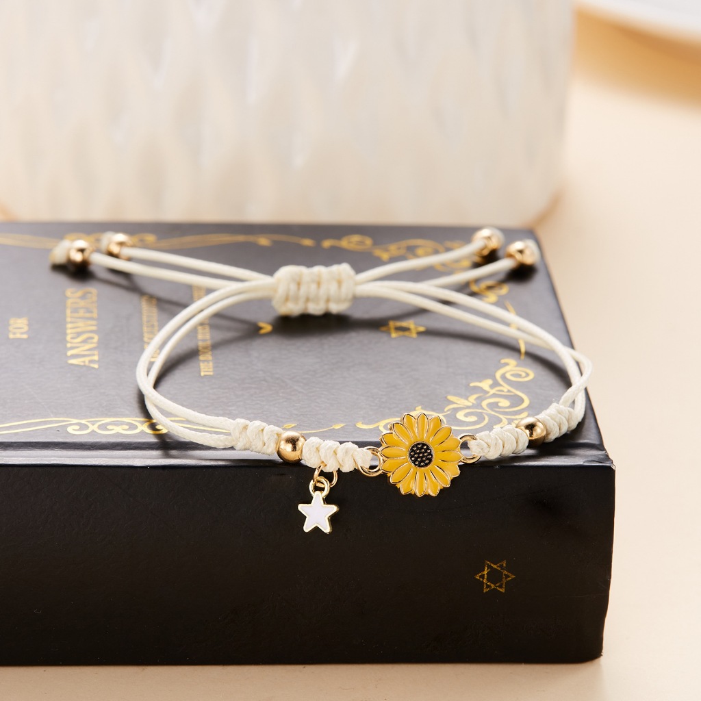 Pulseira de girassol trançada, joia romântica ajustável com corda ...