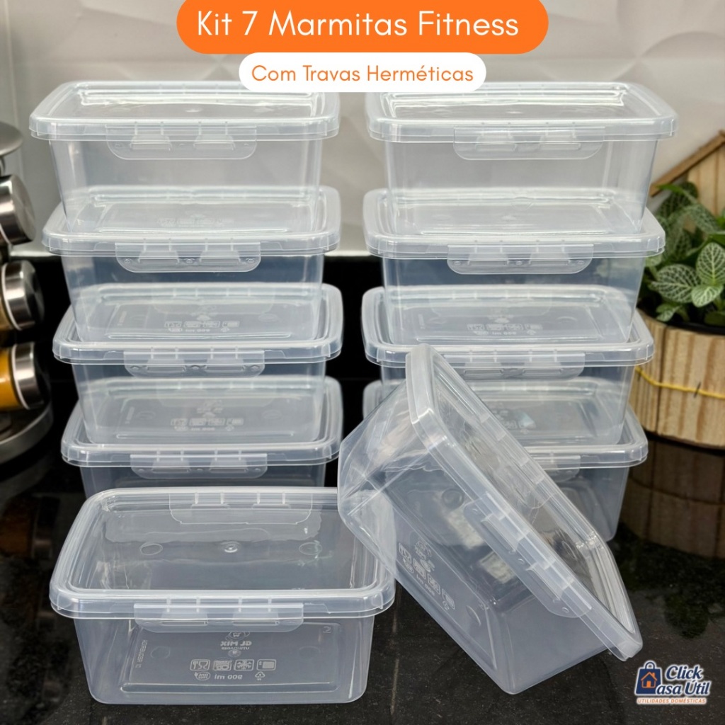 Kit 7 Marmitas 900ml Travas Laterais Herméticas Reutilizáveis - BPA FREE para Alimentos e Congelador