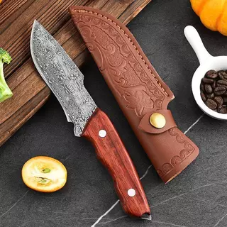 Faca de Cozinha Profissional Damasco Luxo Cutelo Forjado com Bainha em Couro Premium Para Churrasco