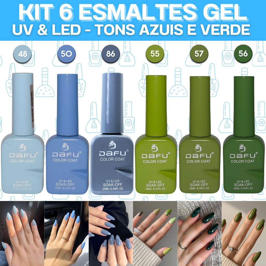 Kit 6 Esmaltes Gel Led Uv Dafu Tons Azuis e Verde Esmalte Cabine Gel ...
