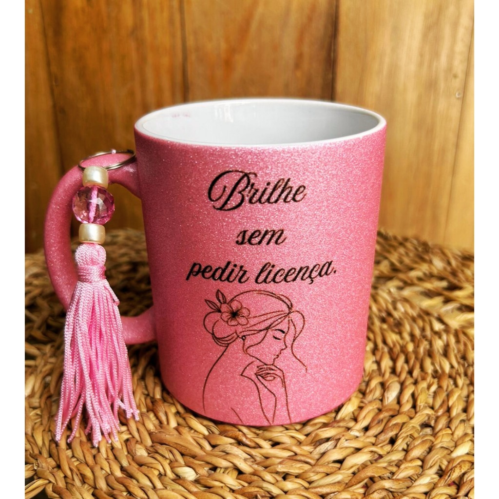 Caneca Rosa Glitter Brilhosa com Frase “Brilhe Sem Pedir Licença ...