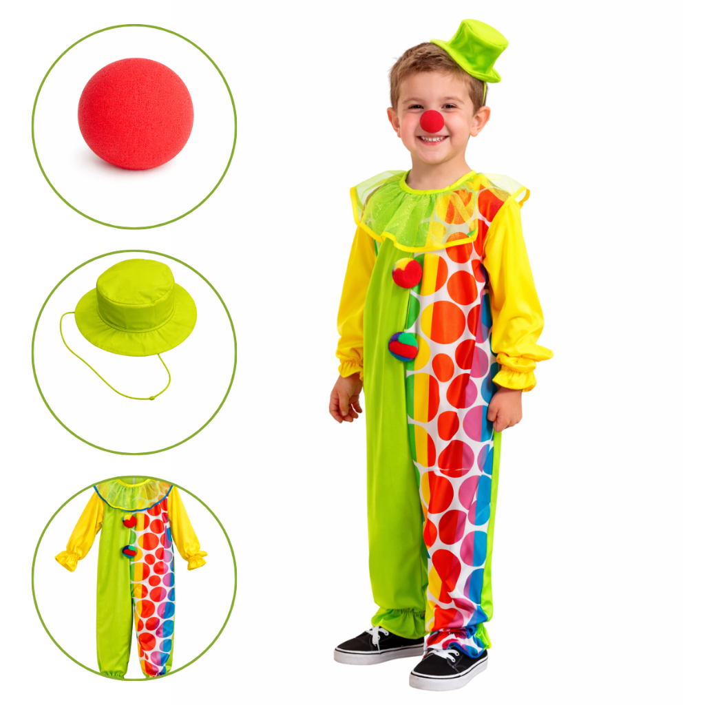 Fantasia Palhaço Infantil Kit 3 pçs Macacão Chapéu Nariz de Palhaço ...