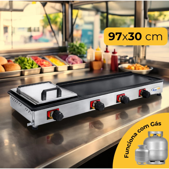 Chapa de Hamburguer Profissional A Gas 97x30 cm Com Abafador