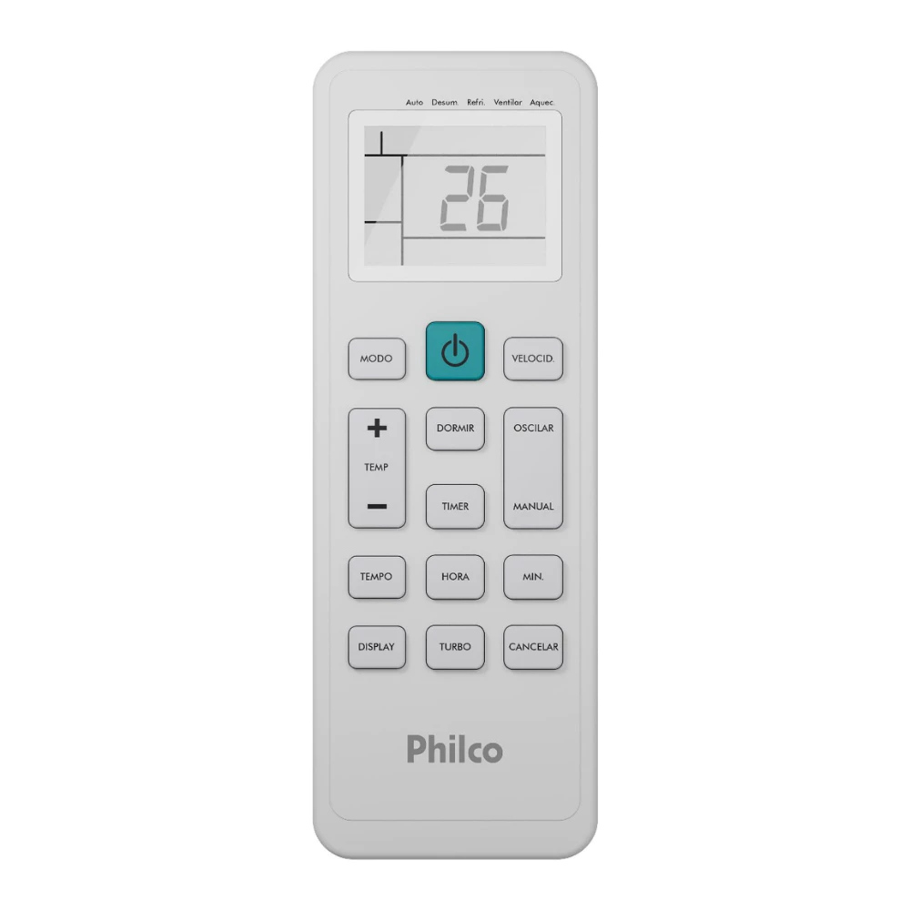 Controle remoto branco do ar condicionado Philco com visor digital e botões de comando