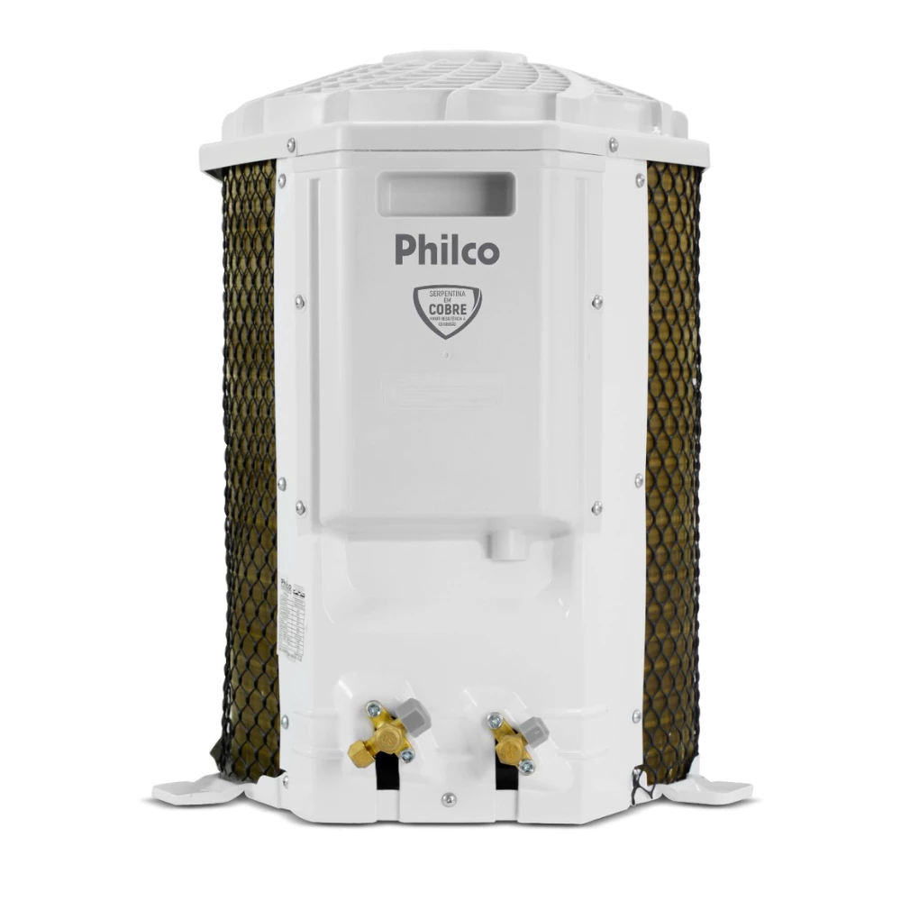 Unidade condensadora externa do ar condicionado Philco com destaque para a serpentina em cobre