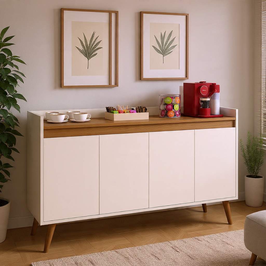 Foto de Aparador Buffet Sala Hall De Entrada Cantinho Do Café Retrô Prateleira Interna Lívia 4,3,2 Portas