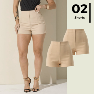 Kit de 2 Shorts Feminino Iguais de Alfaitaria Fecho Invisível Fresco Cintura Alta Verão Muitas Cores