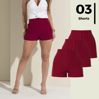 Kit de 3 Iguais Shorts Feminino de Alfaitaria Fecho Invisível Cintura Alta Curto Varias Cores Verão