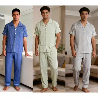 Pijama Masculino Verão com Botões | Manga Curta e Calça Longa em Oferta na Shopee