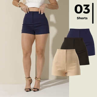 Kit de 3 Diferentes Shorts Feminino de Alfaitaria Cintura Alta Curto Verão Varias Cores Fecho