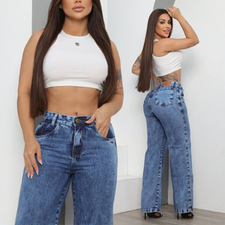 Calça Jeans Feminina Wide Leg Marmorizada Cintura Alta Empina Bumbum — foto 2 — Achou Levou Brasil